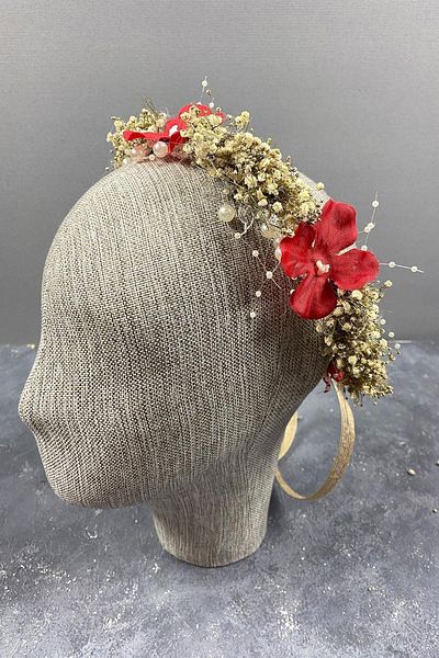 Hayalperest boncuk Red Hydrangea And Shocked Cipso Dried Flowering Bridal Crown With Pearls