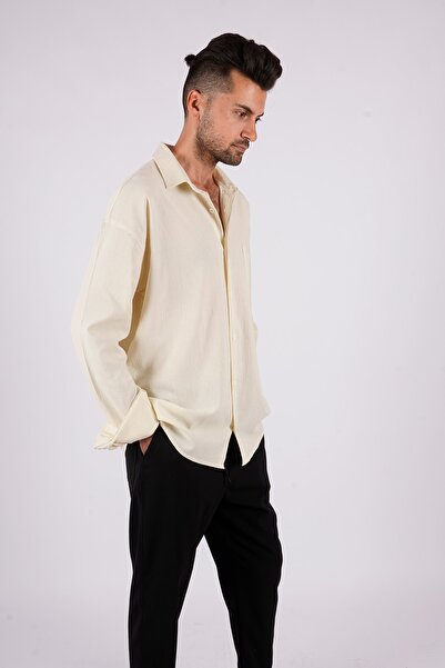 LoFiBuy Erkek A. Limon Sarısı Tek Cep Yazlık Rahat Kalıp Keten Oversize Gömlek