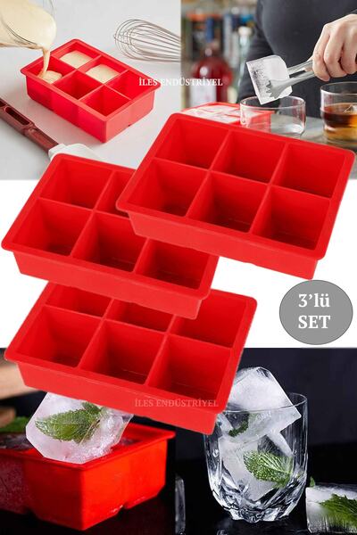 Gurme Chef Silikon 6'lı Küp XL Büyük Boy Çok Amaçlı Buz Kalıbı Kırmızı 3 Adet