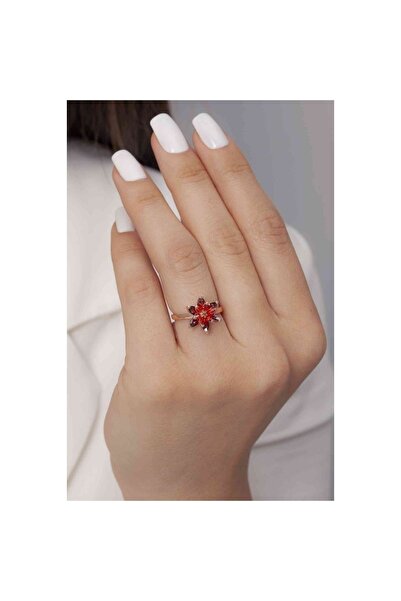 Şimal Silver 925 Ayar Gümüş Rose Kaplama Kırmızı Renkli Lotus Çiçeği Yüzük