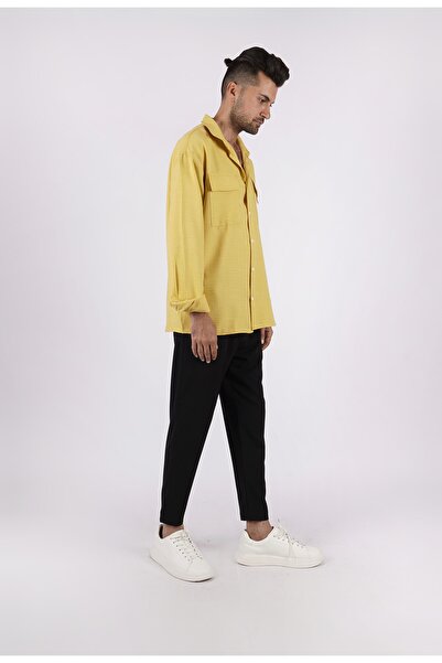 LoFiBuy Erkek Sarı Çift Cep Yazlık Rahat Kalıp Keten Oversize Gömlek