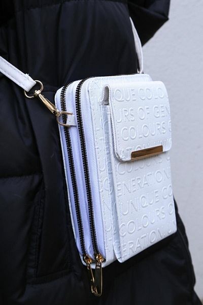 Pek Moda Geantă portofel de damă cu imprimeu alb cu model, cu compartiment pentru telefon și curea reglabilă