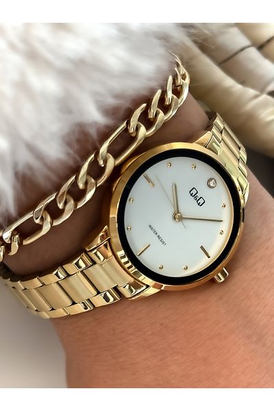 Q&Q Golden Yellow Color Steel Strap, Small Case, Polite Wristwatch+Bracelet