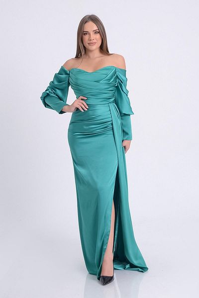 SpringStore Rochie de seara din satin cu maneca cu balon de menta