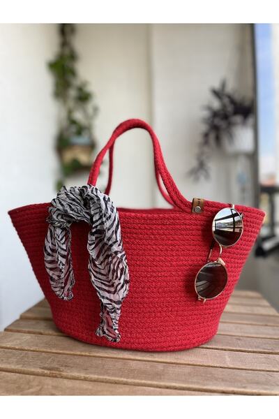 NCDSGN Kadın Plaj Çantası ,Kırmızı El Yapımı Çanta ,Pamuklu Kordon İp Çanta