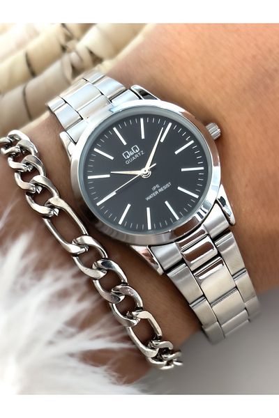 Q&Q Brand Silver Color, Steel Strap, Small Case, Stylish Wristwatch + Bracelet
