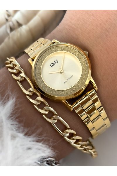 Q&Q Brand Gold Yellow Steel Strap, Small Case, Stylish Silvery Dial Wristwatch+Bracelet