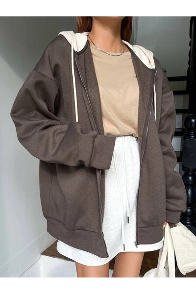 Machetta Καφέ κουκούλα Μπεζ χωρίς στάμπα 3 κλωστών Oversize Fleece Jacket - Ζακέτα