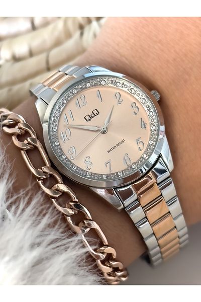 Q&Q Rose Color Steel Strap, Stone Dial, Stylish Wristwatch+Bracelet