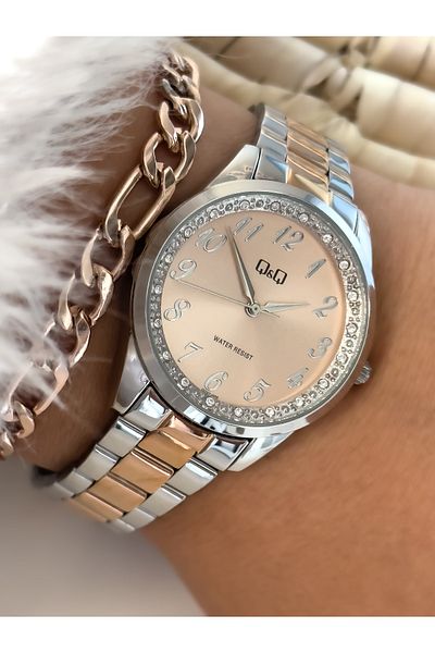 Q&Q Rose Color Steel Strap, Stone Dial, Stylish Wristwatch+Bracelet