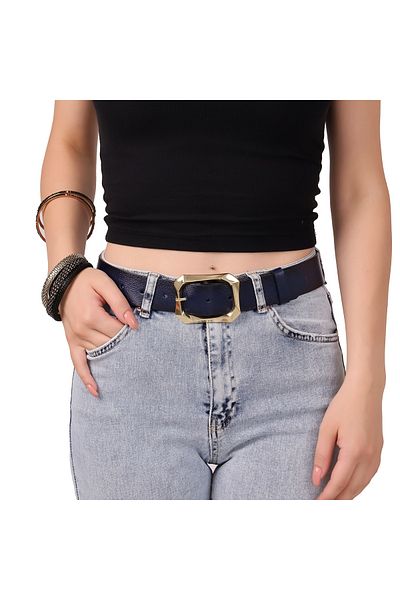 GoDeri Cataramă de culoare aurie la modă pentru femei, centură bleumarin dintr-o singură bucată din piele naturală, lățime 3,8 cm=amz-08