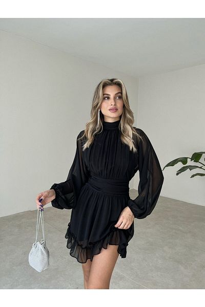 Afiş Butik Μίνι φόρεμα από σιφόν με μαύρο γιακά με πλισέ πλισέ τούλι