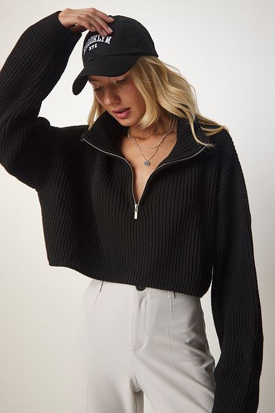 Happiness İstanbul Pulover negru cu fermoar pentru tricotaje pentru femei MX00124