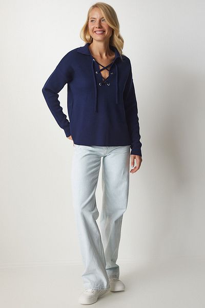 Happiness İstanbul Women's Navy Collar Lace-up Knit Sweater MX00122