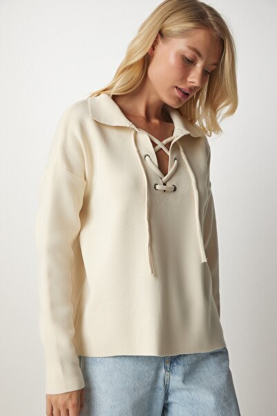 Happiness İstanbul Női krémgallér fűzős kötött pulóver MX00122
