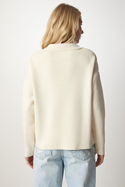 Happiness İstanbul Női krémgallér fűzős kötött pulóver MX00122