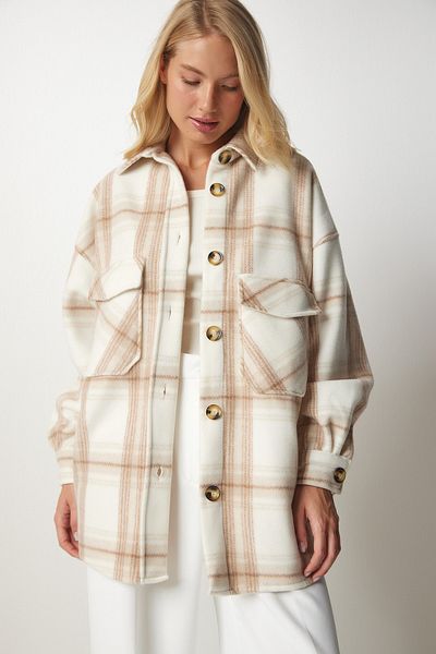 Happiness İstanbul Cremefarbene Lumberjack-Fleece-Hemdjacke für Damen, UB00122