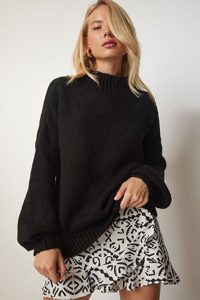 Happiness İstanbul Pulover tricot de bază cu guler negru pentru femei MX00127
