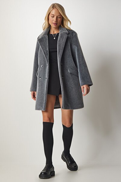 Happiness İstanbul Dámský oversize kabát z králičího peří v šedé barvě MX00105