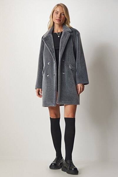 Happiness İstanbul Dámský oversize kabát z králičího peří v šedé barvě MX00105