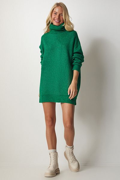 Happiness İstanbul Grüner langer Rollkragenpullover für Damen, Strick, MX00107