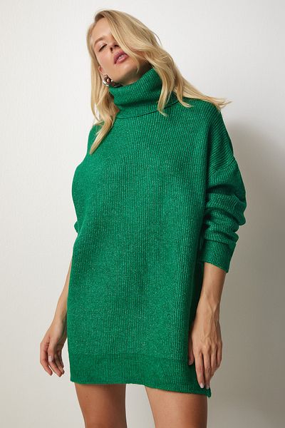 Happiness İstanbul Grüner langer Rollkragenpullover für Damen, Strick, MX00107