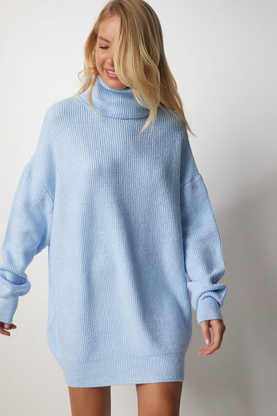 Happiness İstanbul Hellblauer, langer Rollkragenpullover für Damen, Strickpullover MX00107
