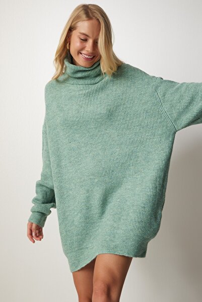 Happiness İstanbul Dámský zelený rolák dlouhý pletený svetr MX00107