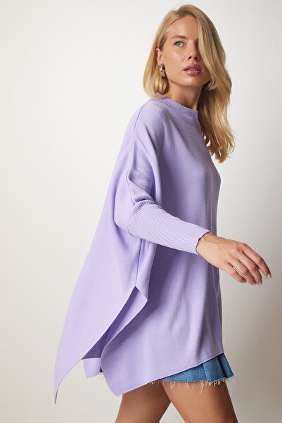Happiness İstanbul Női, lila, oldalsó hasítékkal rendelkező, túlméretezett poncsó pulóver YY00005