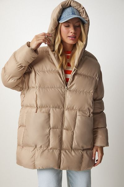 Happiness İstanbul Beige Oversize-Pufferjacke mit Kapuze für Damen DD01249