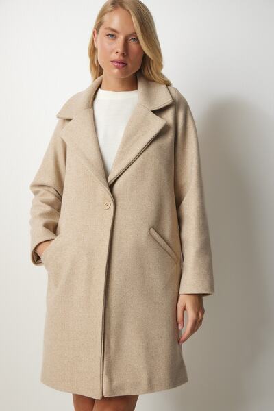 Happiness İstanbul Dámský béžový kabát na obočí s dvouřadým límcem na knoflíky MX00113