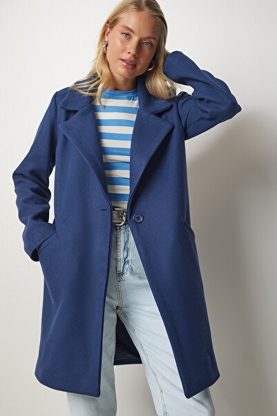 Happiness İstanbul Dámský kašmírový kabát s dvojitým límcem a knoflíkem v tmavě modré barvě MX00113