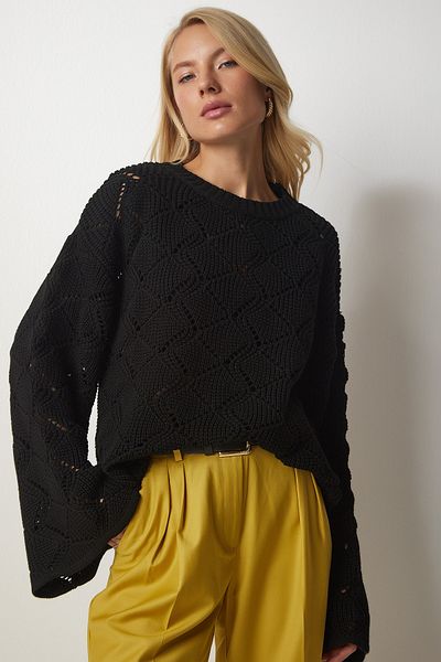 Happiness İstanbul Pulover de damă din tricotaje ajurate cu model Black Diamond CV00025