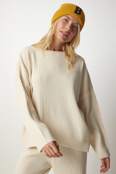 Happiness İstanbul Női krémszínű kötöttáru pulóver nadrág szett MX00112