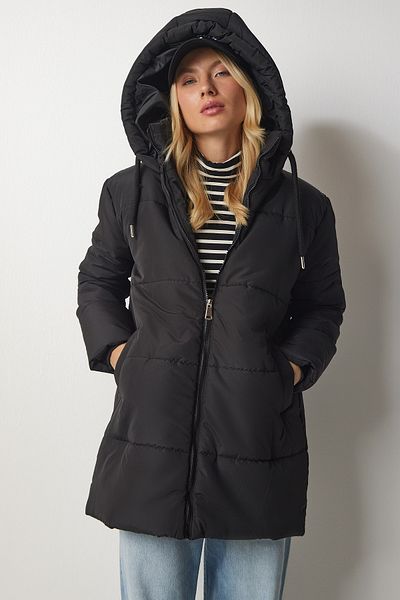 Happiness İstanbul Schwarzer aufblasbarer Übergrößenmantel mit Kapuze für Damen DD01245