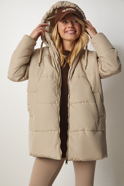 Happiness İstanbul Beige Oversize-Pufferjacke mit Kapuze für Damen DD01245