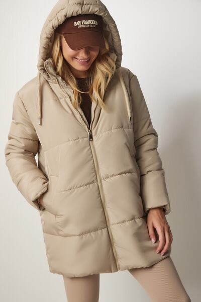 Happiness İstanbul Dámská béžová oversize bunda Puffer s kapucí DD01245
