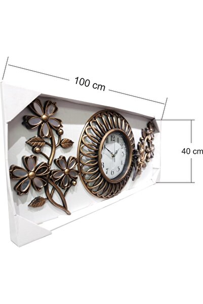 M3DECORİUM Ferforje Görünüm Üç 3 Parça Aynalı Çiçek Oymalı Duvar Saati
