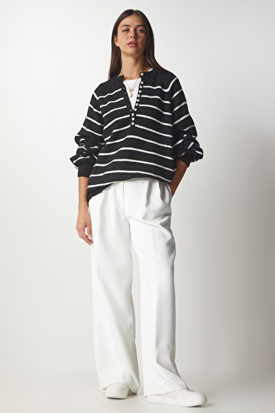 Happiness İstanbul Dámský pruhovaný pletený svetr s černým límečkem LX00040