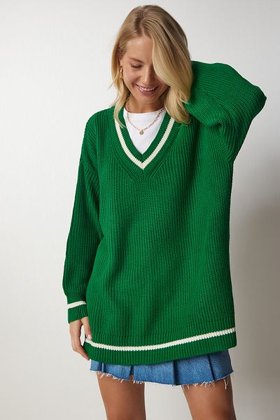 Happiness İstanbul Tricot lung, verde, cu decolteu în V, pentru femei BP00140