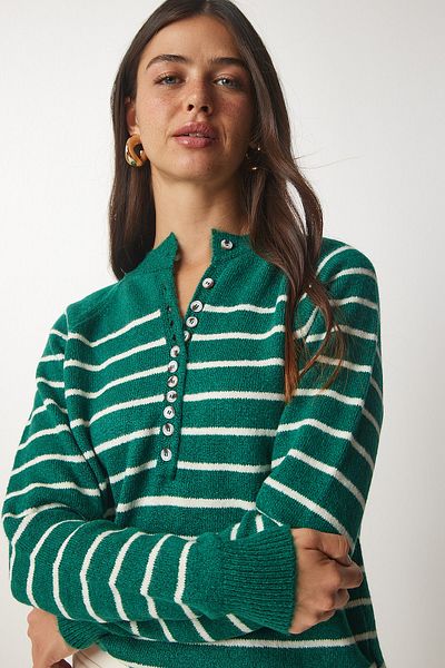 Happiness İstanbul Women's Dark Green Ecru Buttoned Collar Knitwear Sweater LX00040
