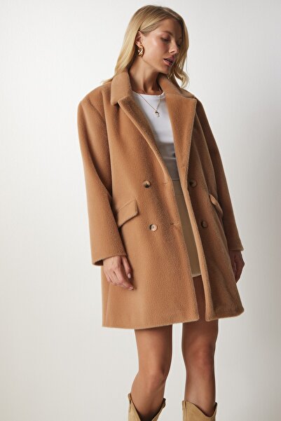 Happiness İstanbul Dámský oversize kabát ze sušenkového králičího peří MX00105