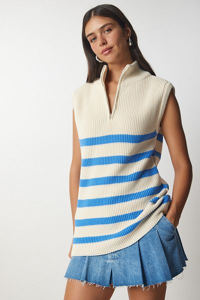 Happiness İstanbul Cremeblauer Damenpullover mit Streifen und Reißverschlusskragen MX00123