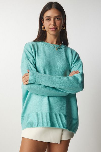 Happiness İstanbul Wassergrüner Oversize-Strickpullover mit Rundhalsausschnitt für Damen BV00085