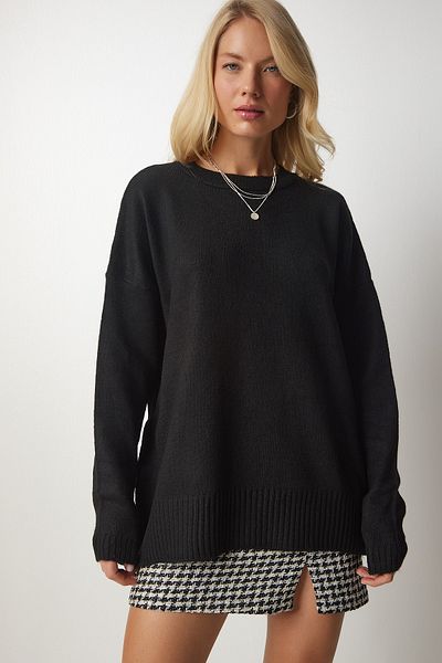 Happiness İstanbul Schwarzes Oversize-Sweatshirt aus Strick mit Rundhalsausschnitt für Damen BV00085