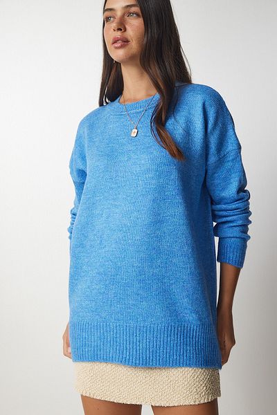 Happiness İstanbul Pulover oversize de tricotaje de damă, albastru deschis, cu gât crew, BV00085