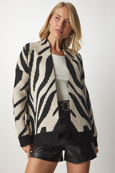 Happiness İstanbul Women's Black Beige Patterned Knitwear Jacket Cardigan BV00083