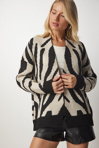 Happiness İstanbul Women's Black Beige Patterned Knitwear Jacket Cardigan BV00083