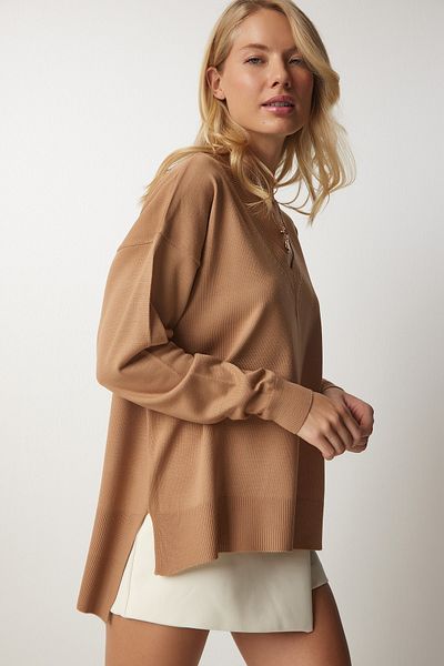 Happiness İstanbul Damen-Strickpullover mit V-Ausschnitt in Übergröße in Keksform BV00082