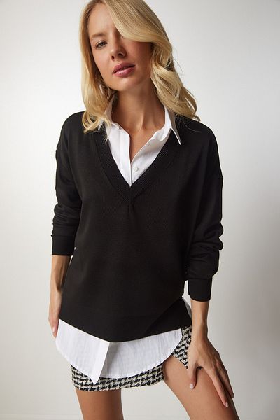 Happiness İstanbul Schwarzer Oversize-Strickpullover mit V-Ausschnitt für Damen BV00082